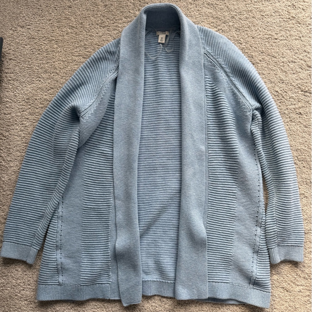 L.L. Bean 100% Cotton Light Blue Knit Cowl Neck Open Cardigan Sweater Size M